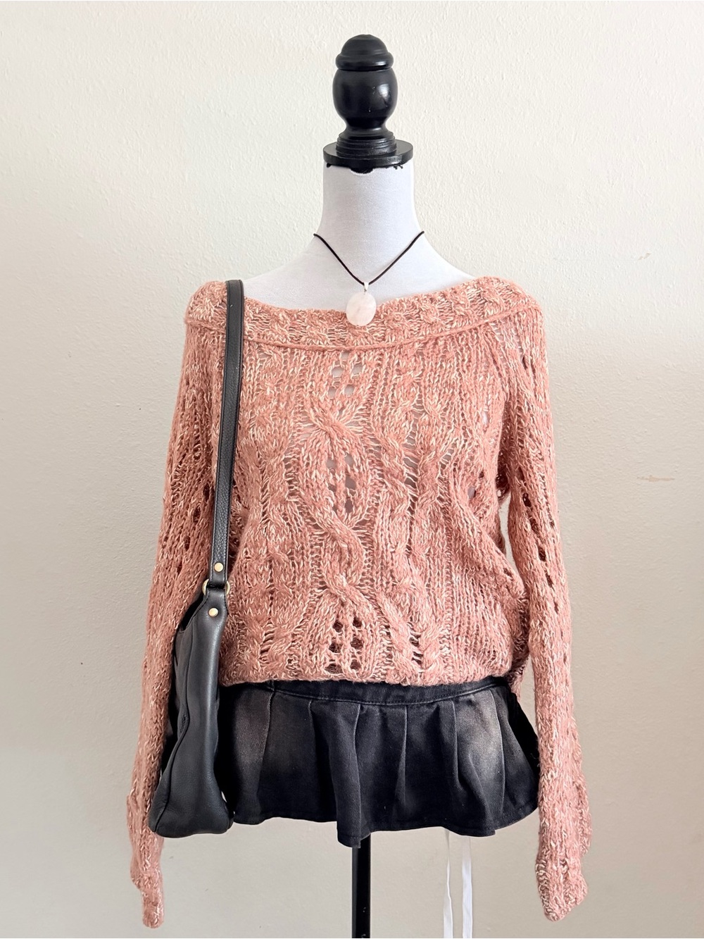 Free People pink crochet oversized bell sleeve sweater